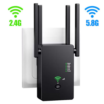 Amplificator Semnal Wi-Fi STARTRONIK® AC 1200Mbps Dual-Band 2.4GHz 5GHz Router Repetor Extender AP Modul Buton WPS Antene Putere Stabilitate Acoperire Mare Porturi Ethernet Conexiune Retea Internet